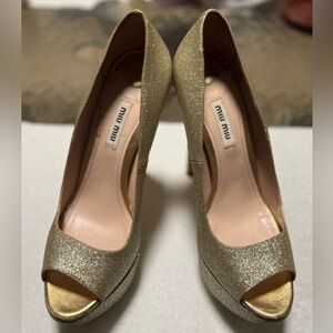 Miu Miu Glitter Gold Peep Toe Heels
